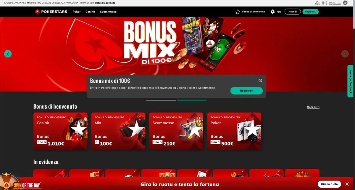 Lobby del casinò italiano PokerStars; le promozioni visibili possono essere cambiate